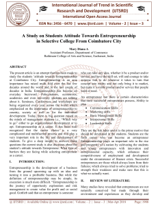 A Study on Students Attitude Towards Entrepreneurship in Selective College From Coimbatore City