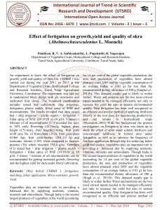 Effect of fertigation on growth,yield and quality of okra Abelmoschusesculentus L. Moench