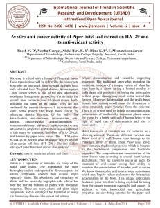 In vitro anti cancer activity of Piper betel leaf extract on HA 29 and its anti oxidant activity