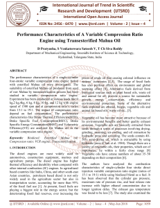 Performance Characteristics of A Variable Compression Ratio Engine using Transesterified Mahua Oil