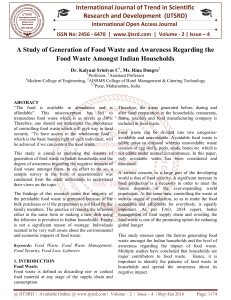 A Study of Generation of Food Waste and Awareness Regarding the Food Waste Amongst Indian Households