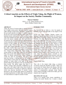 Critical Anaylsis on the Effects of Triple Talaq, the Plight of Women, its Impact on the Society Muslim Community