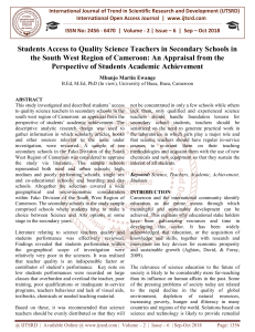 Students Access to Quality Science Teachers in Secondary Schools in the South West Region of Cameroon An Appraisal from the Perspective of Students Academic Achievement