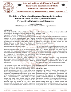 The Effects of Educational inputs on Wastage in Secondary Schools in Meme Division Appraisal from the Perspective of Infrastructural Resources
