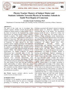 Physics Teacher Mastery of Subject Matter and Students Attitudes Towards Physics in Secondary Schools in South West Region of Cameroon