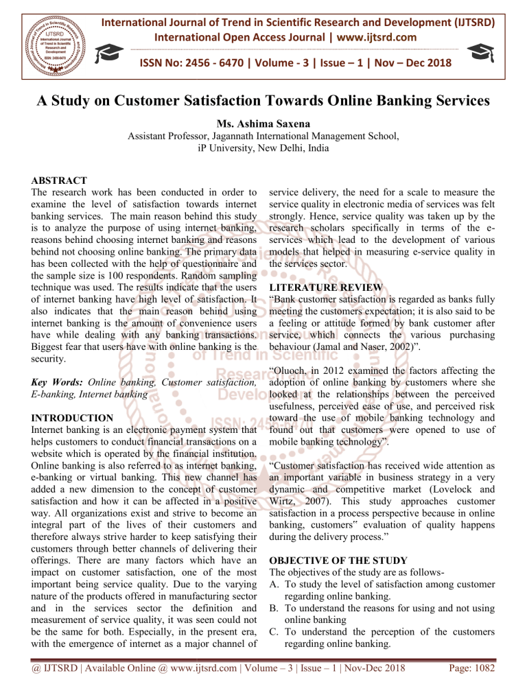 research paper on customer satisfaction towards online banking