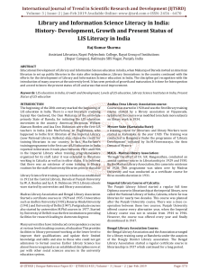 Library and Information Science Literacy in India History Development, Growth and Present Status of LIS Literacy in India