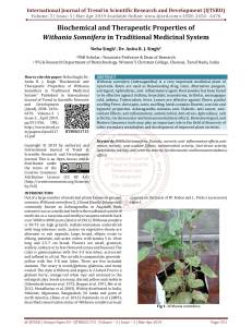 Biochemical and Therapeutic Properties of Withania Somnifera in Traditional Medicinal System