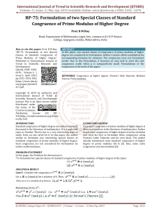 RP 75 Formulation of two Special Classes of Standard Congruence of Prime Modulus of Higher Degree