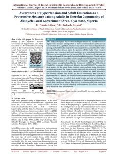 Awareness of Hypertension and Adult Education as a Preventive Measure among Adults in Ikereku Community of Akinyele Local Government Area, Oyo State, Nigeria