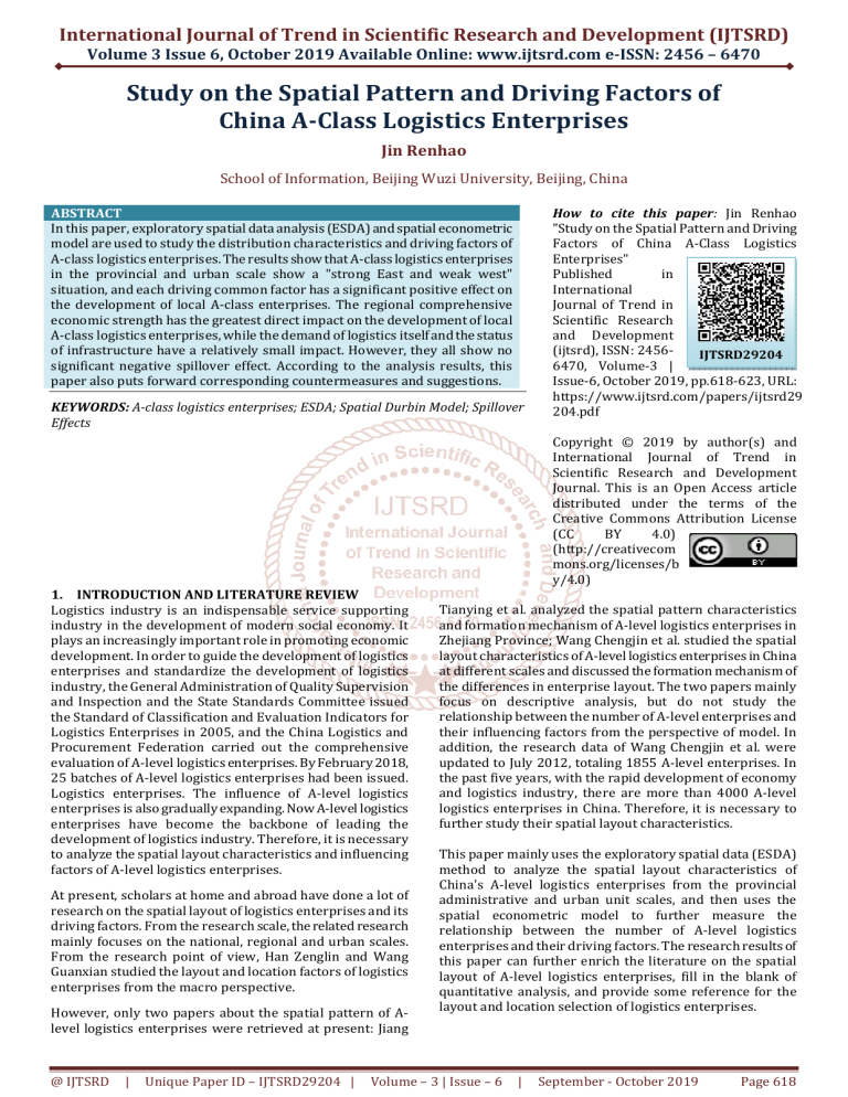 China A-Class Logistics: Spatial Pattern & Driving Factors
