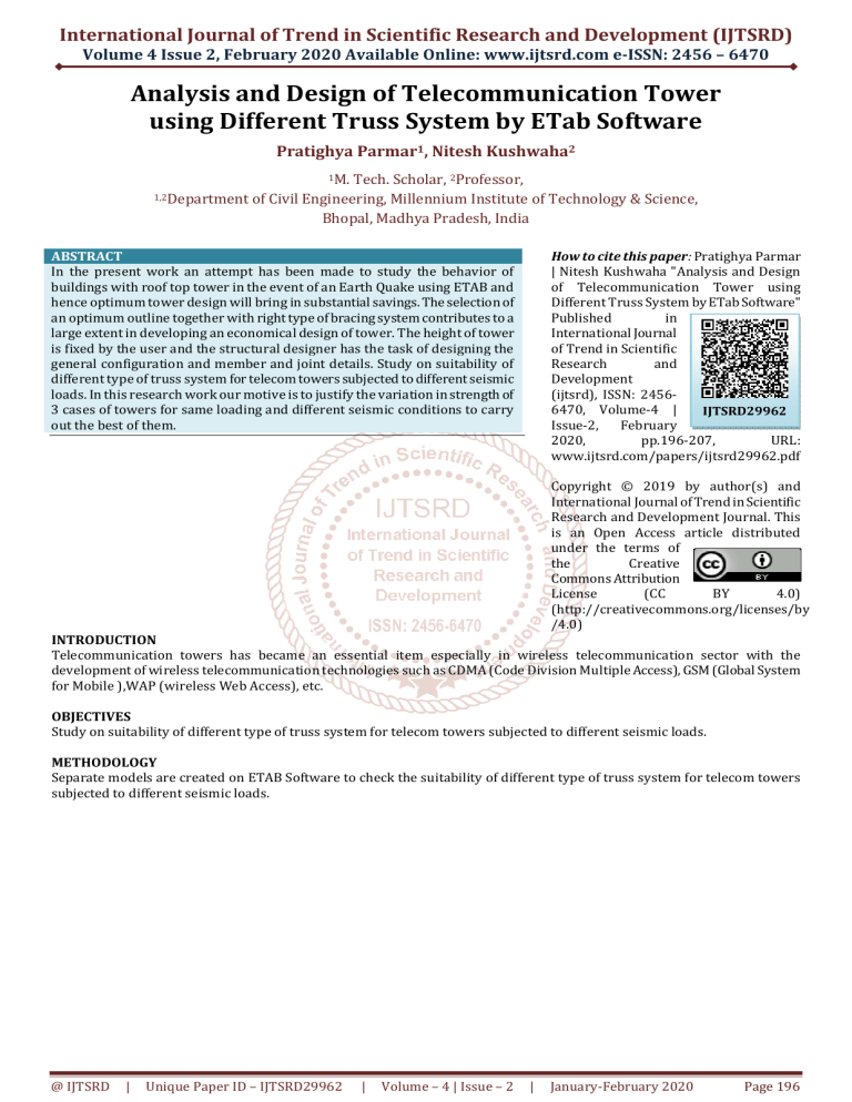 Analysis And Design Of Telecommunication Tower Using Different Truss System By Etab Software