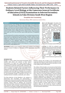 Students Related Factors Influencing Their Performance in Ordinary Level Biology at the Cameroon General Certificate of Education CGCE