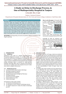 A Study on Delay in Discharge Process, in One of Multispeciality Hospital in Tanjore