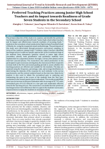 Preferred Teaching Practices among Junior High School Teachers and its Impact towards Readiness of Grade Seven Students in the Secondary School