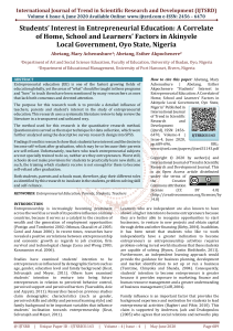 Students' Interest in Entrepreneurial Education A Correlate of Home, School and Learners' Factors in Akinyele Local Government, Oyo State, Nigeria