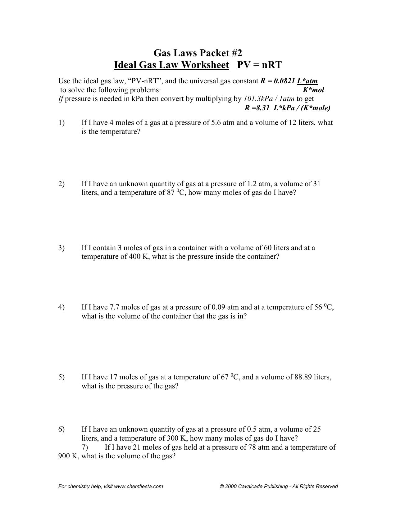 Ideal gas law Packet 21 worksheet With Ideal Gas Laws Worksheet