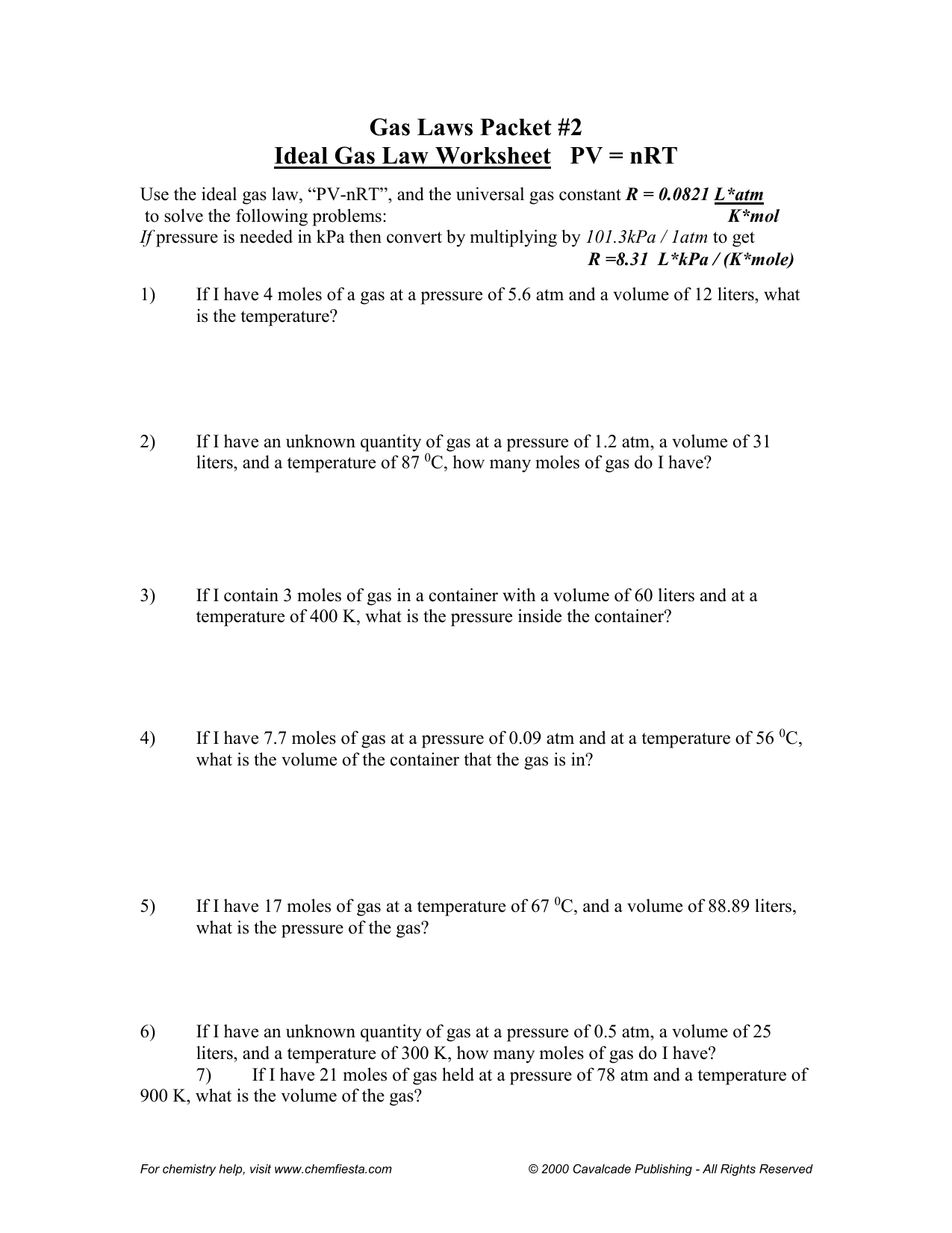 Ideal gas law Packet 22 worksheet For Ideal Gas Law Worksheet