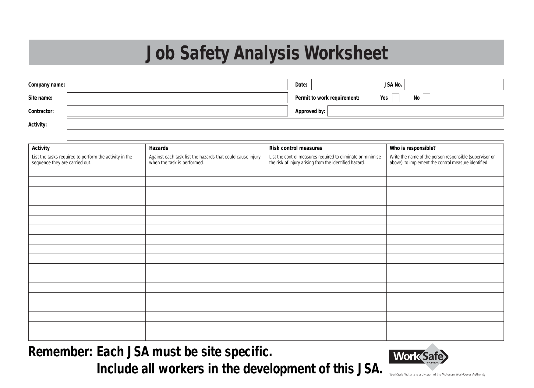 Job Safety Analysis (Worksafe) For Safety Analysis Report Template