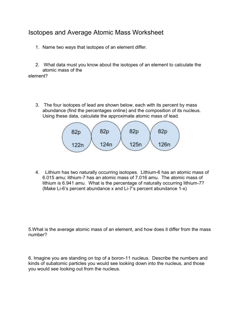 Copy 2 Of Isotopes And Average Atomic Mass Worksheet