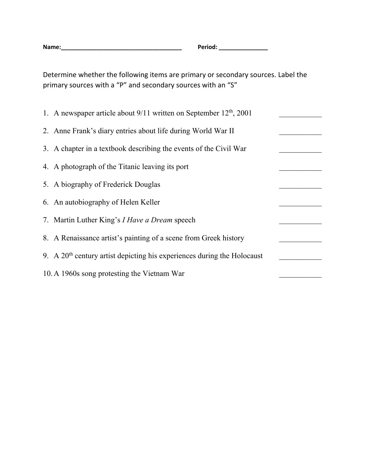 Primary And Secondary Sources Worksheet