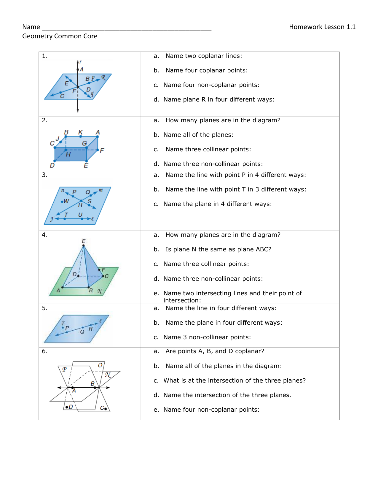 lesson 1111.1111 homework Regarding Points Lines And Planes Worksheet