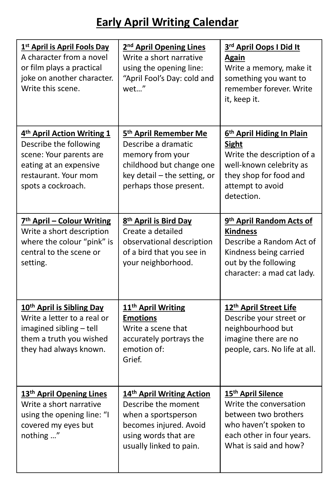Creative Writing Remote Learning Activities - April