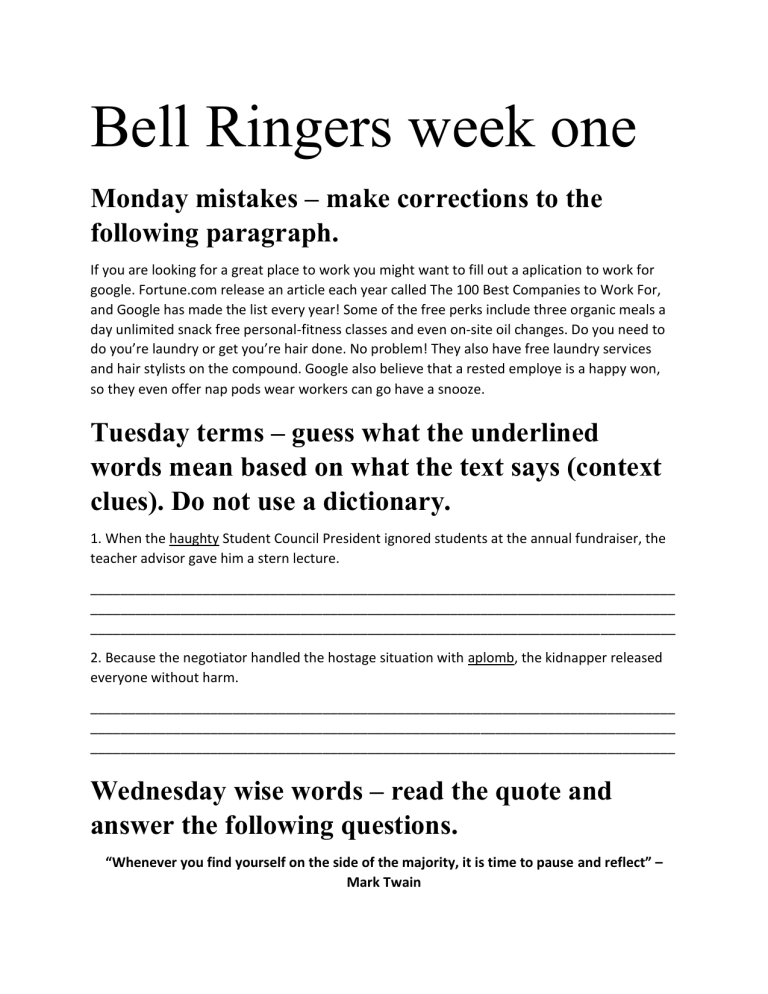 Bell Ringer Worksheet Week One 2 