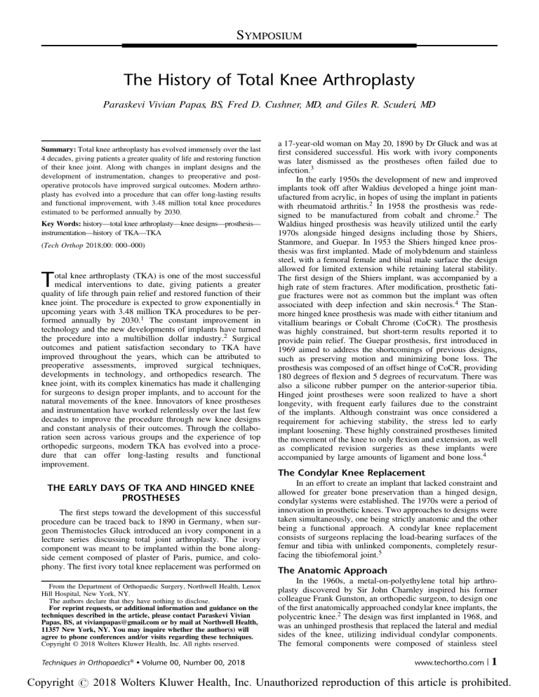 The History of Total Knee Arthroplasty 2018