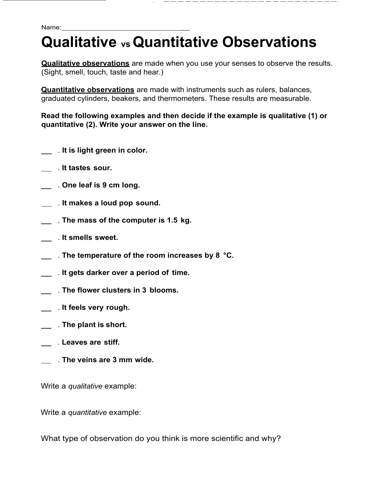 Qualitative Vs Quantitative Observations Worksheet Answer Key