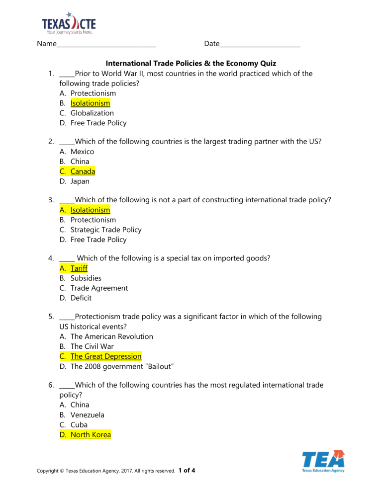 Lesson Plan International Trade Policies And The Economy International 