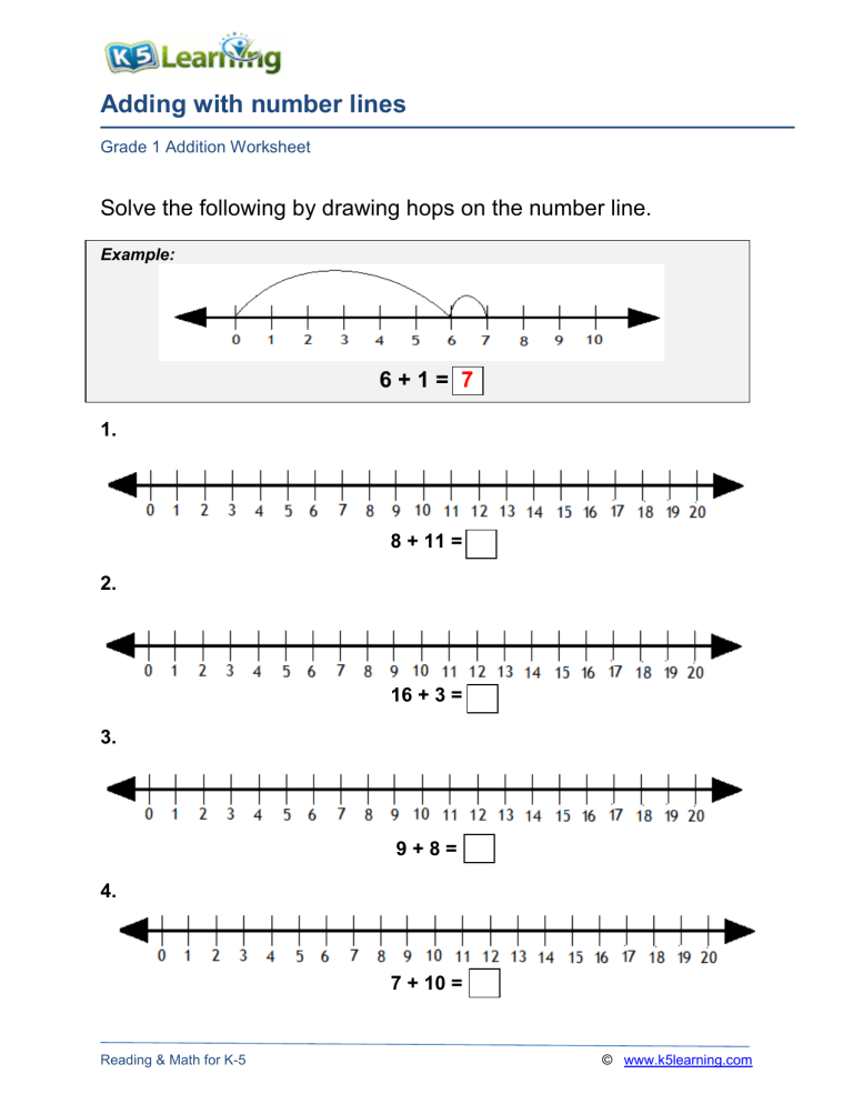 Grade 1 number line addition a4
