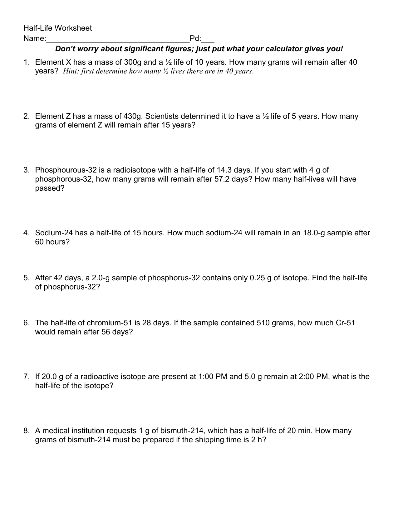 Half-life Worksheet Intended For Half Life Worksheet Answers