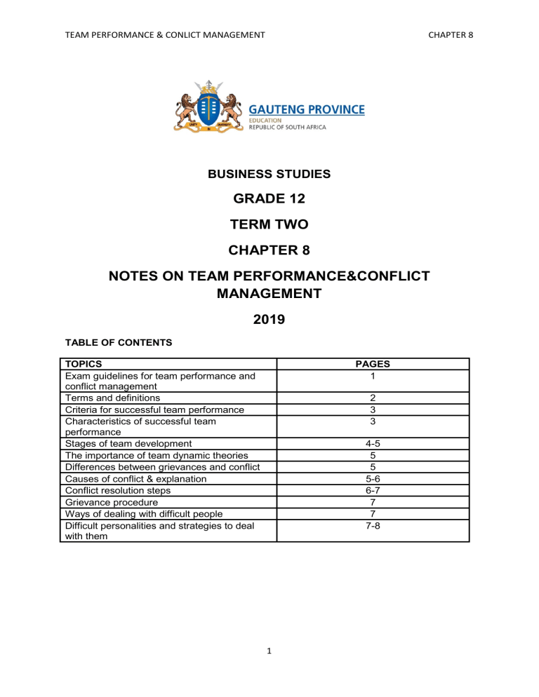 CHAPTER 8 BUSINESS STUDIES GRADE 12 NOTES ON TEAM PERFORMANCECONFLICT 