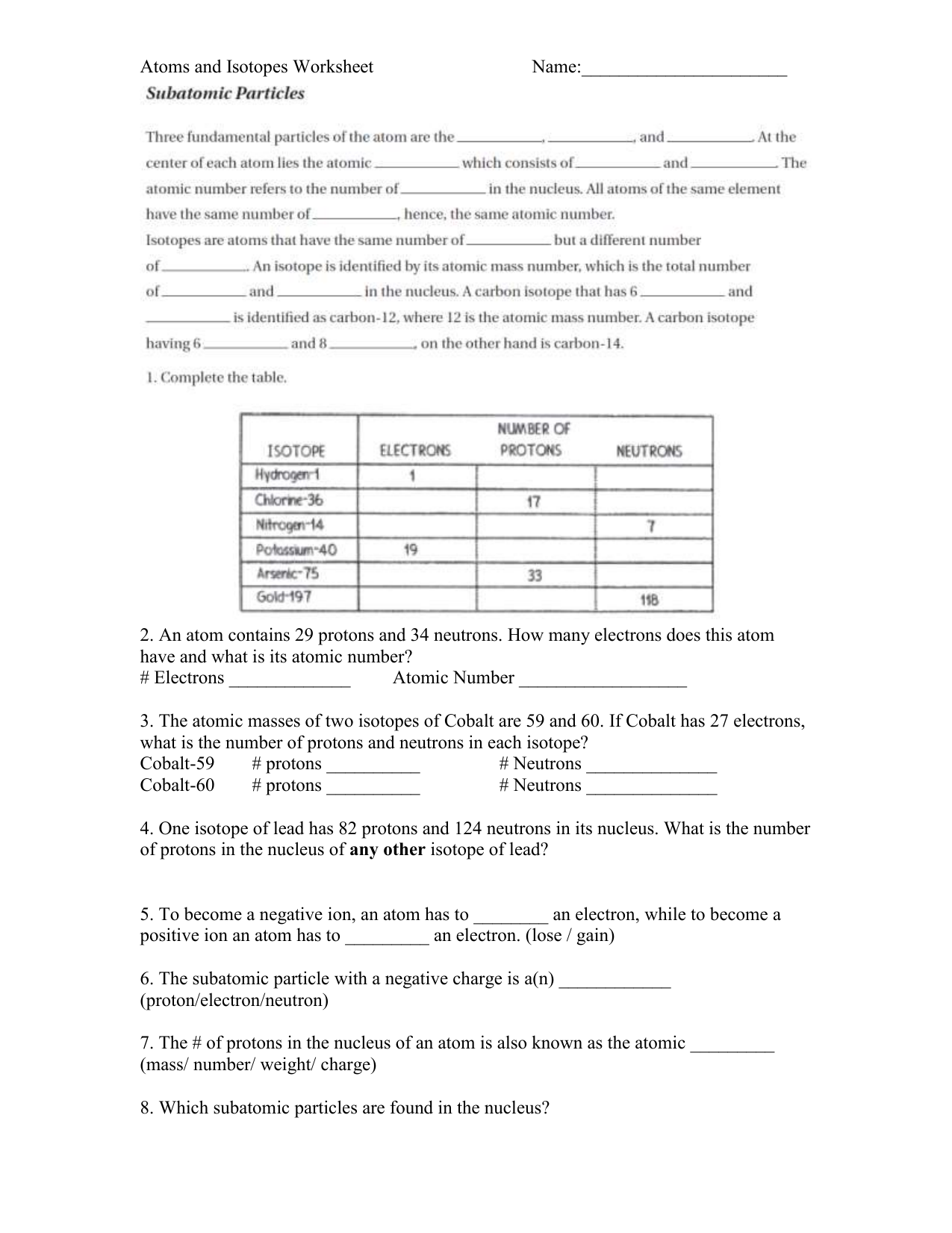 Atoms and Isotopes Worksheet Pertaining To Atoms And Isotopes Worksheet