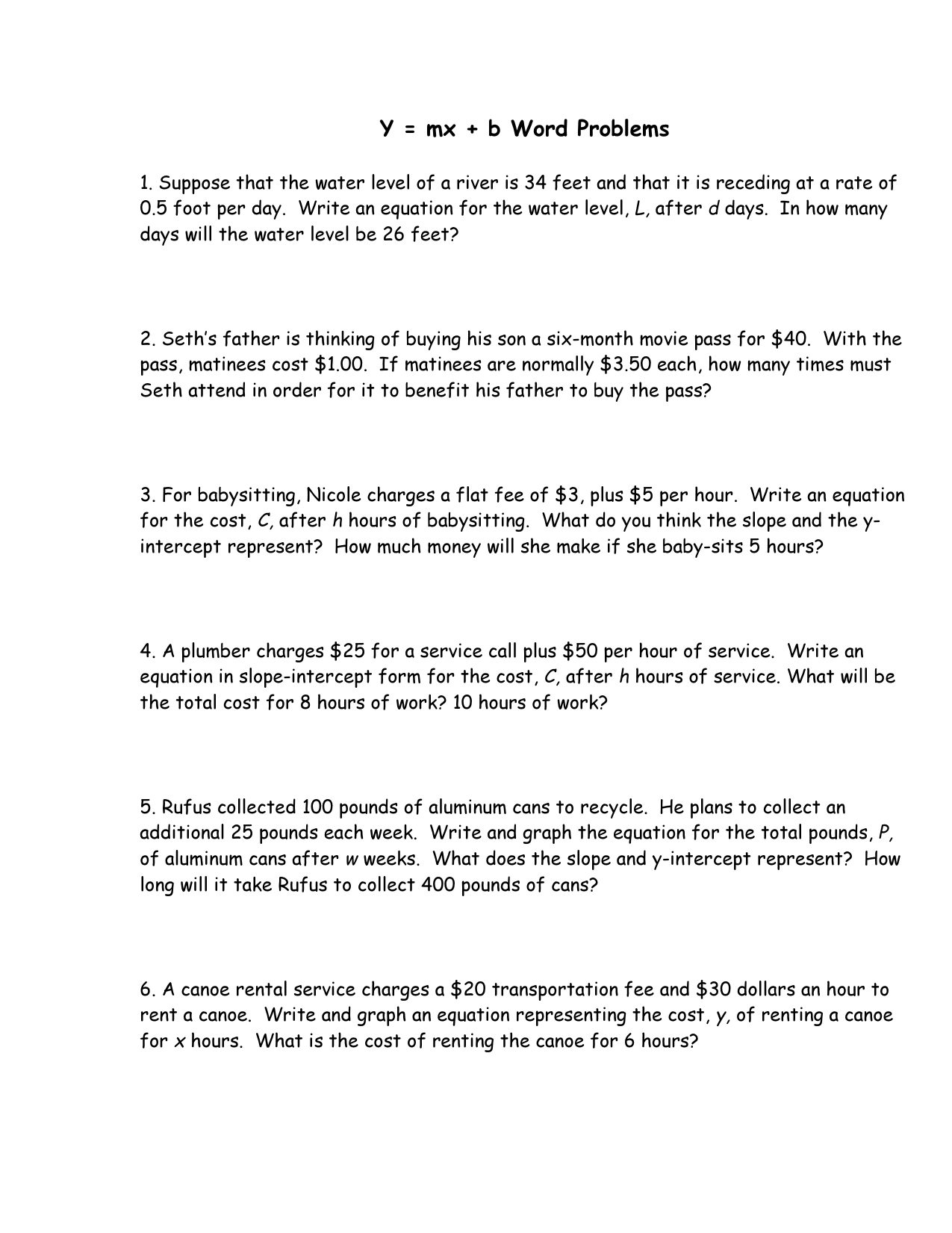 Linear Equation Word Problems (Slope-Intercept Form) Throughout Linear Functions Word Problems Worksheet