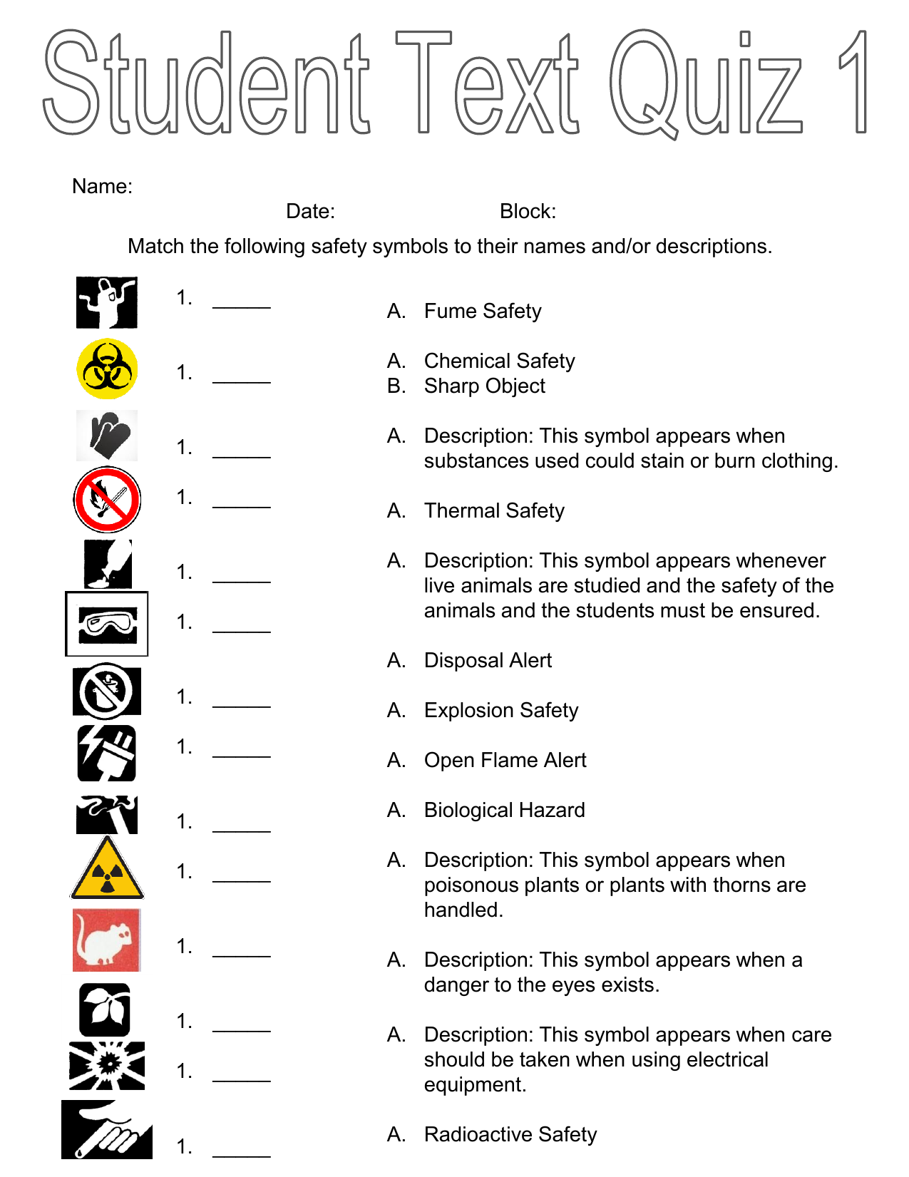 Quiz 21 - Safety symbols, lab equipment, scientific method With Regard To Lab Safety Symbols Worksheet