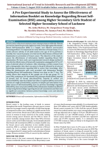 A Pre Experimental Study to Assess the Effectiveness of Information Booklet on Knowledge Regarding Breast Self Examination BSE among Higher Secondary Girls Student of Selected Higher Secondary School of Lucknow