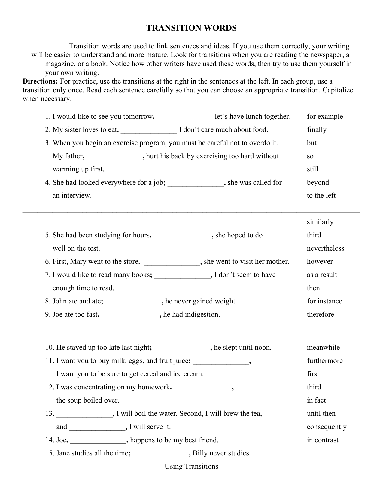 Transition Words And Phrases Worksheet 6th Grade