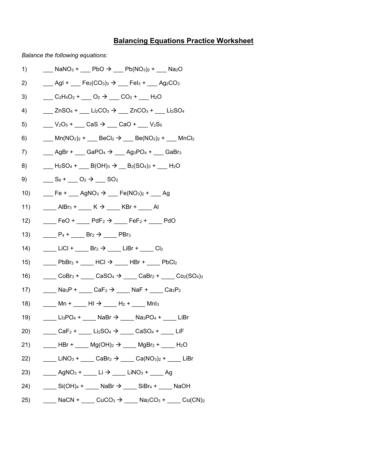balancing practice 10-10 In Balancing Equations Practice Worksheet Answers