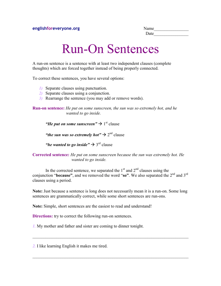 Form A Sentence With Runner