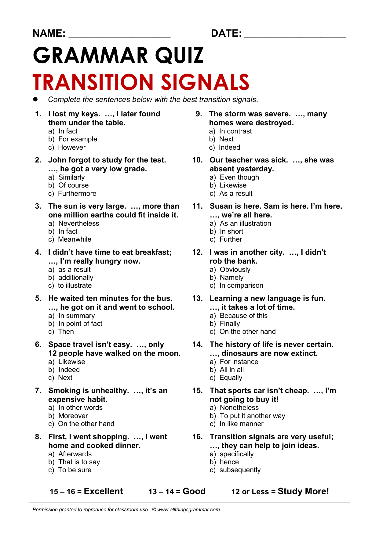 Transition Words Practice Worksheets