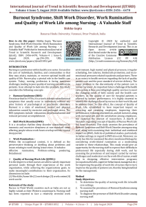 Burnout Syndrome, Shift Work Disorder, Work Rumination and Quality of Work Life among Nursing A Valuable Staff