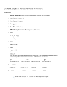 CHEM 2425. Chapter 17. Alcohols and Phenols -homework- W