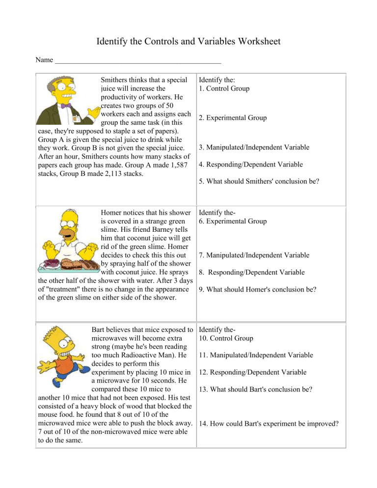 Controls And Variables Worksheet