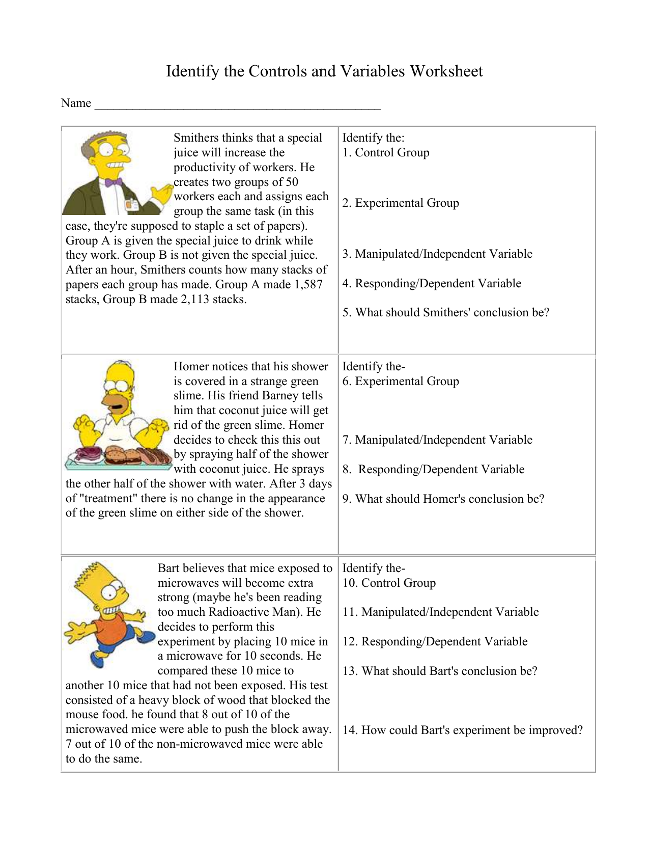 Simpsons Worksheet11 Regarding Experimental Variables Worksheet Answers