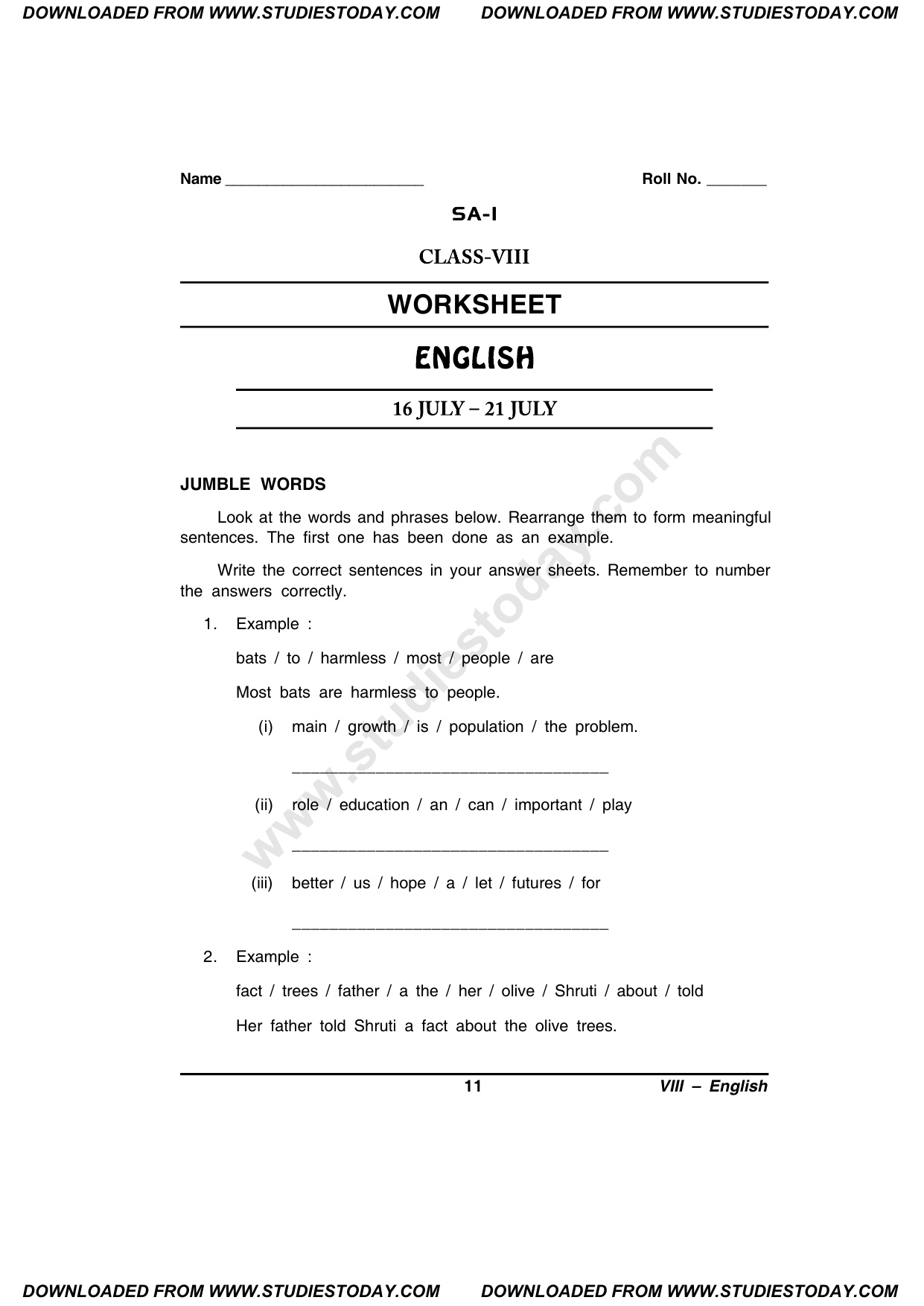 English Worksheet For Class 8 Cbse