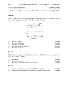 Electrical Power & Machines Test: AC Circuits, Power Factor