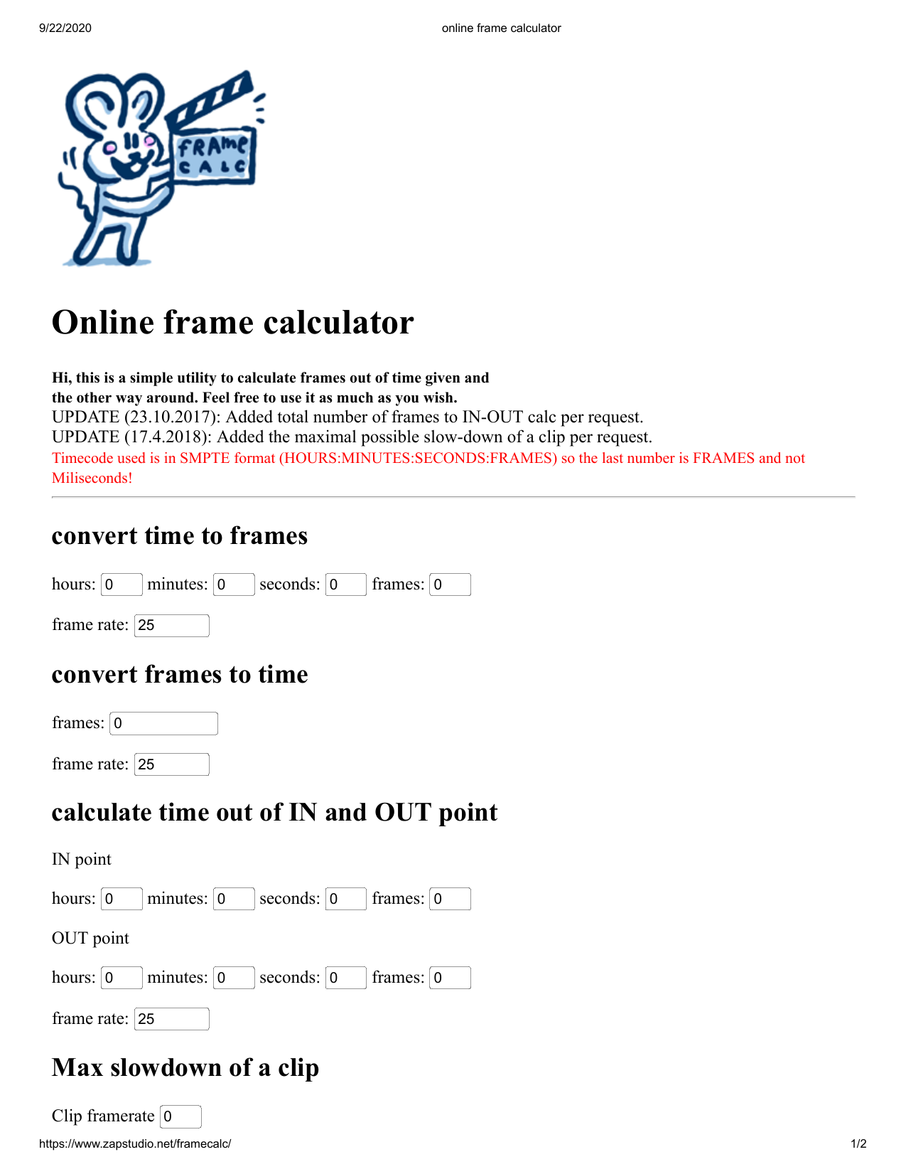 frames to timecode calculator
