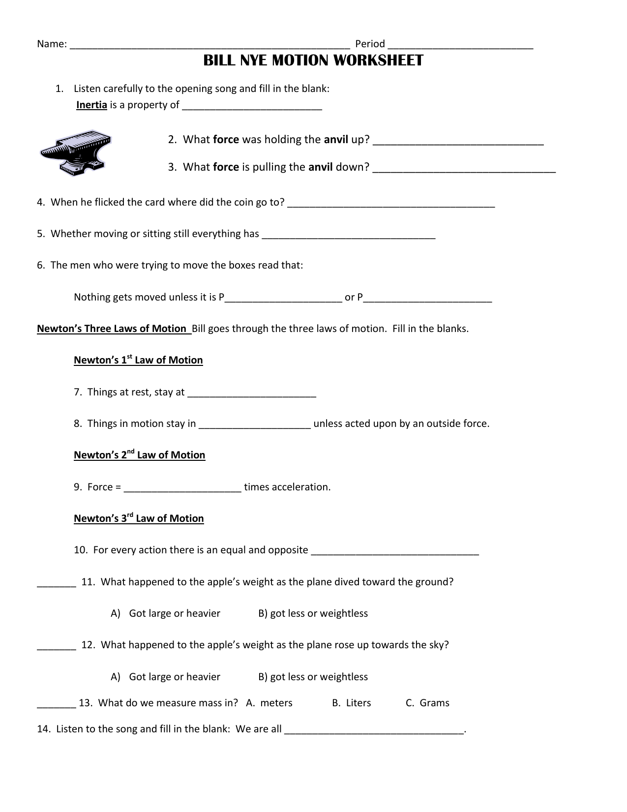 Bill nye worksheet Inside Bill Nye Motion Worksheet Answers